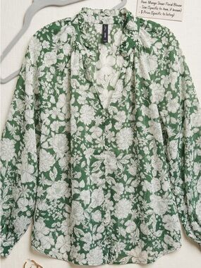 Mango White Floral Green Blouse